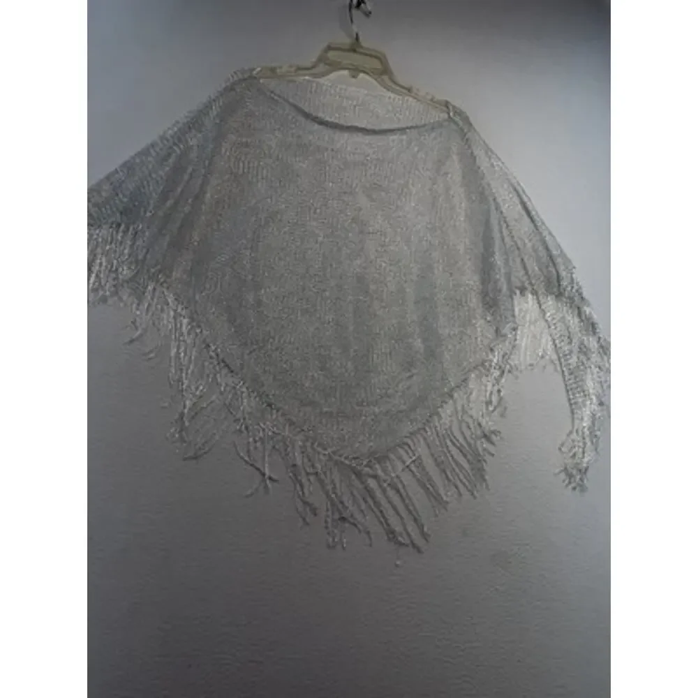 Women Silver white Knit Fringe Shawl Wrap lightweight party glam layering